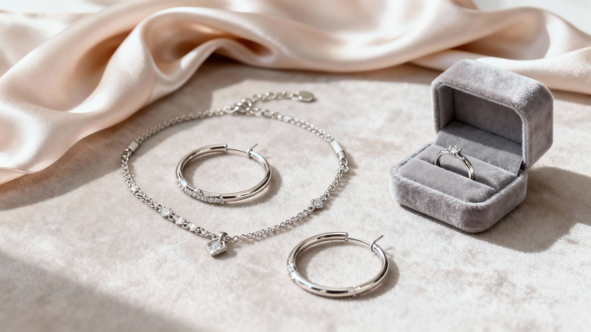 Close-up of elegant silver jewelry: a diamond ring in a gray velvet box, a bracelet, and hoop earrings on a light background.