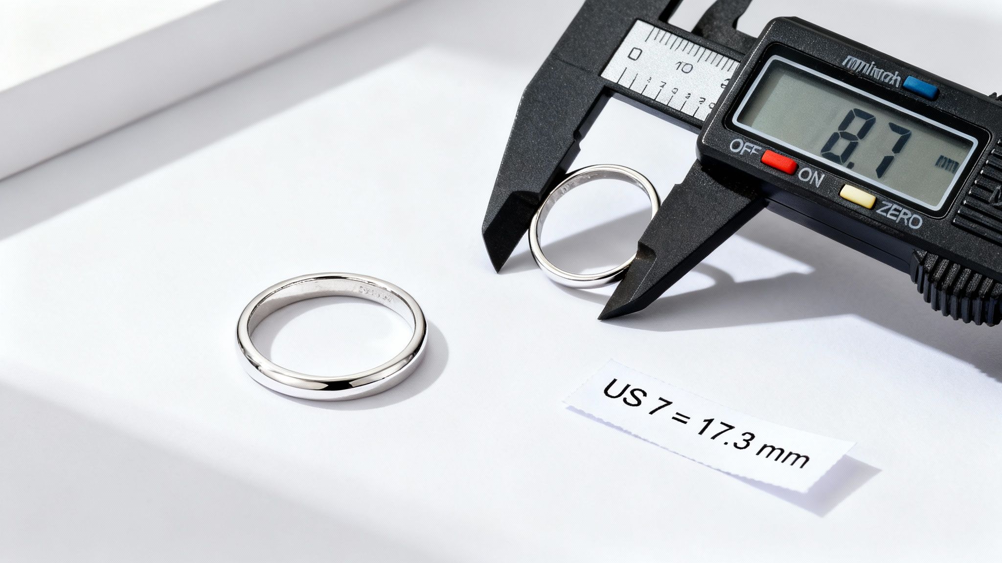 A digital caliper measures a silver ring, displaying 8.7mm, next to another ring and a US size 7 conversion.