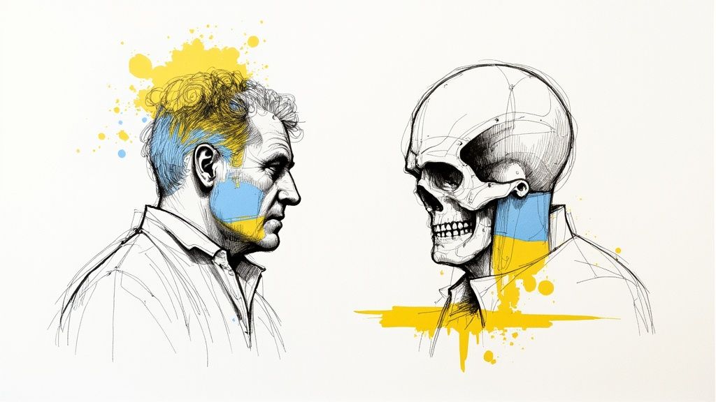 Малюнок, що зображує обличчя чоловіка та череп, розділені. Обидва мають елементи українського прапора, символізуючи життя і втрати.