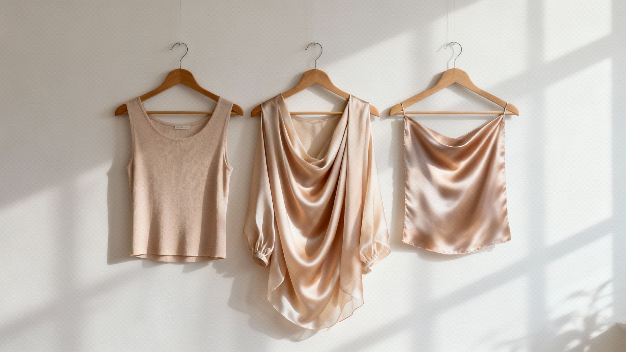 Three elegant garments: a knit tank top, a satin blouse, and draped silk, on wooden hangers.