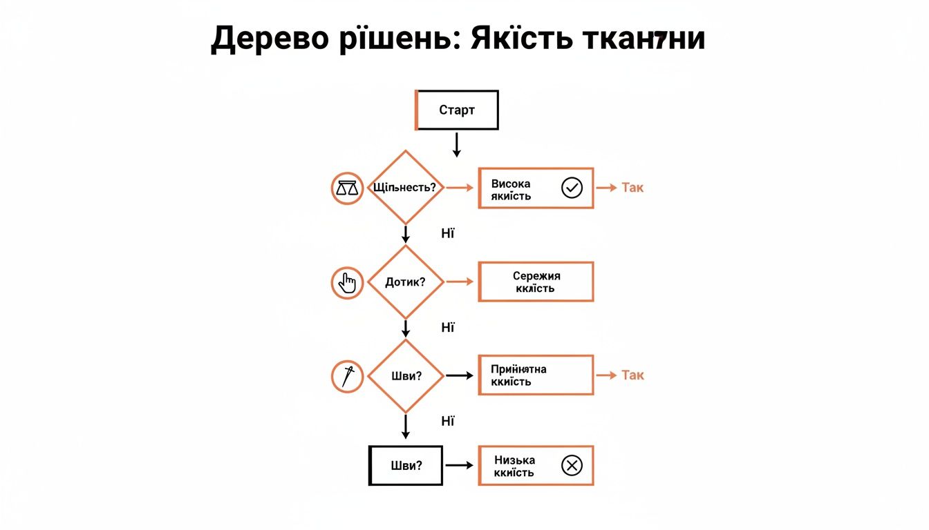 Дерево рішень, що ілюструє оцінку якості тканини за щільністю, дотиком та швами.