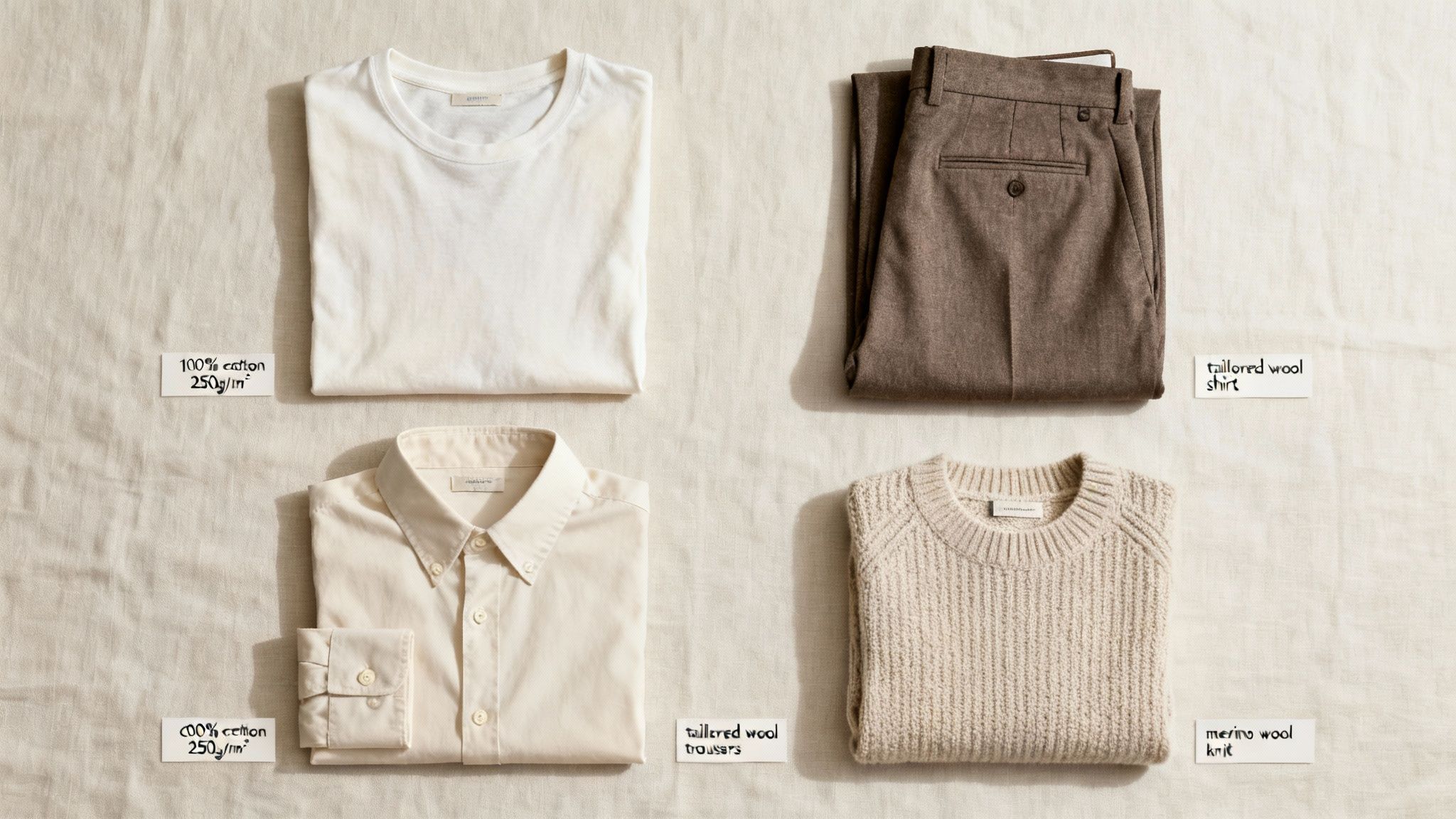 A flat lay of neutral-toned clothing essentials, including cotton shirts, tailored trousers, and a merino wool knit.