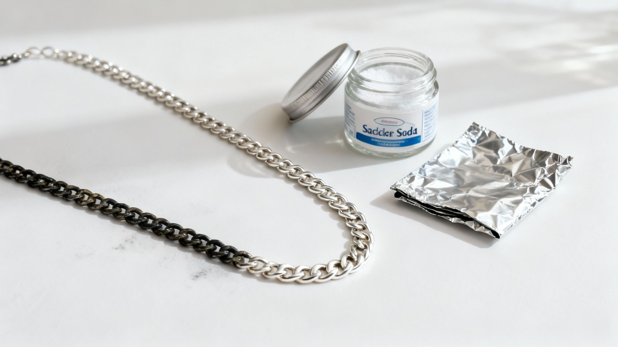 A silver chain showing a contrast of tarnished and cleaned parts, with soda and aluminum foil.
