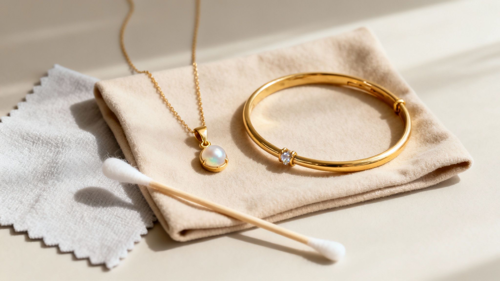 Золоті прикраси (намисто з перлиною, браслет), серветки для чищення та ватна паличка на світлому фоні.