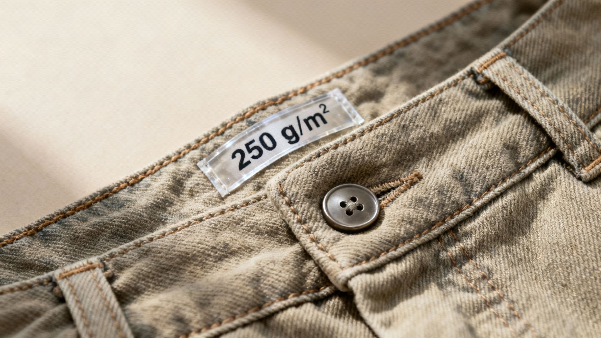 Close-up of khaki denim pants with a metal button and a '250 g/m²' fabric weight label.