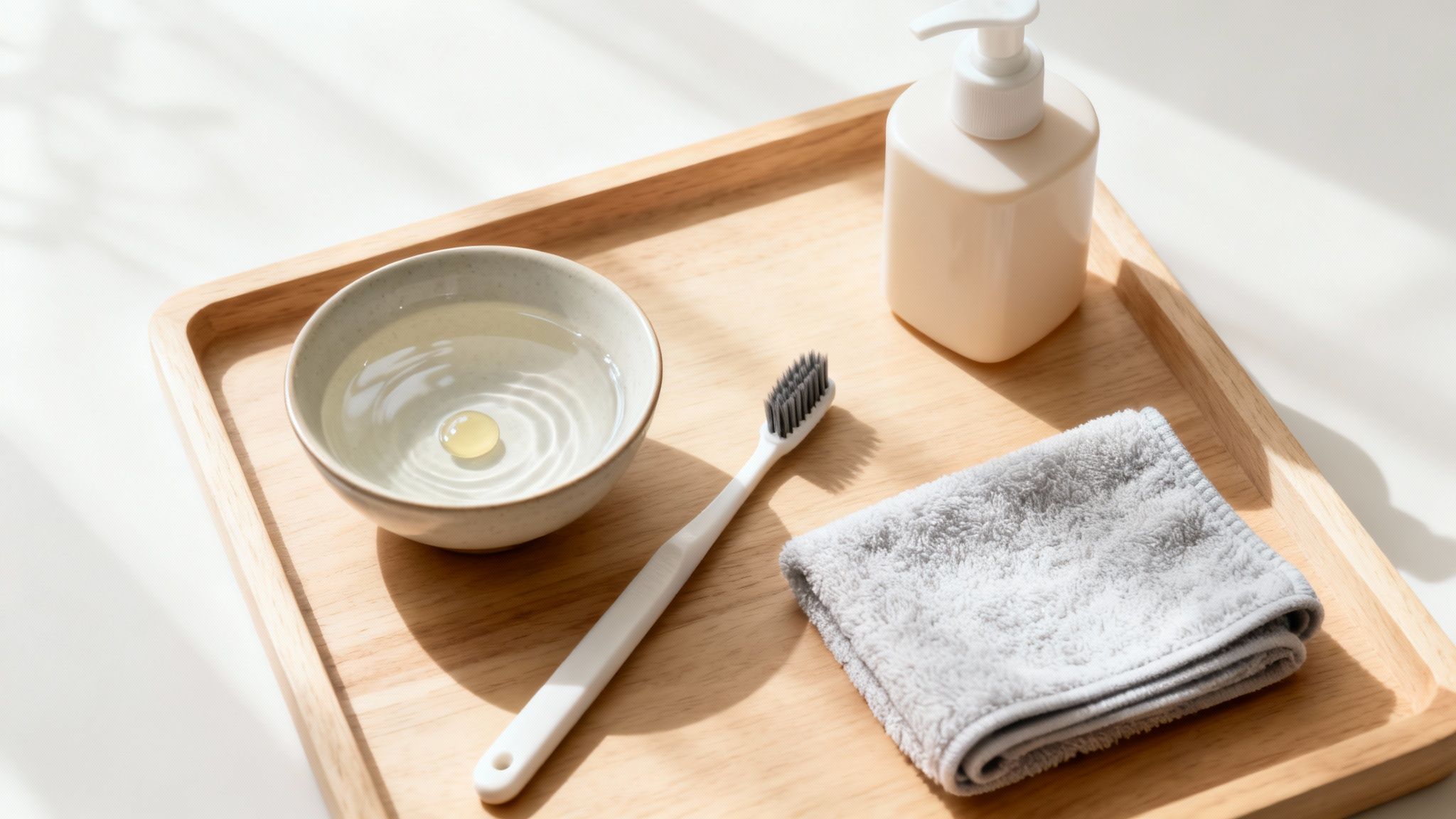 A wooden tray holds a bowl of water with a yellow bead, a toothbrush, soap, and a grey towel.