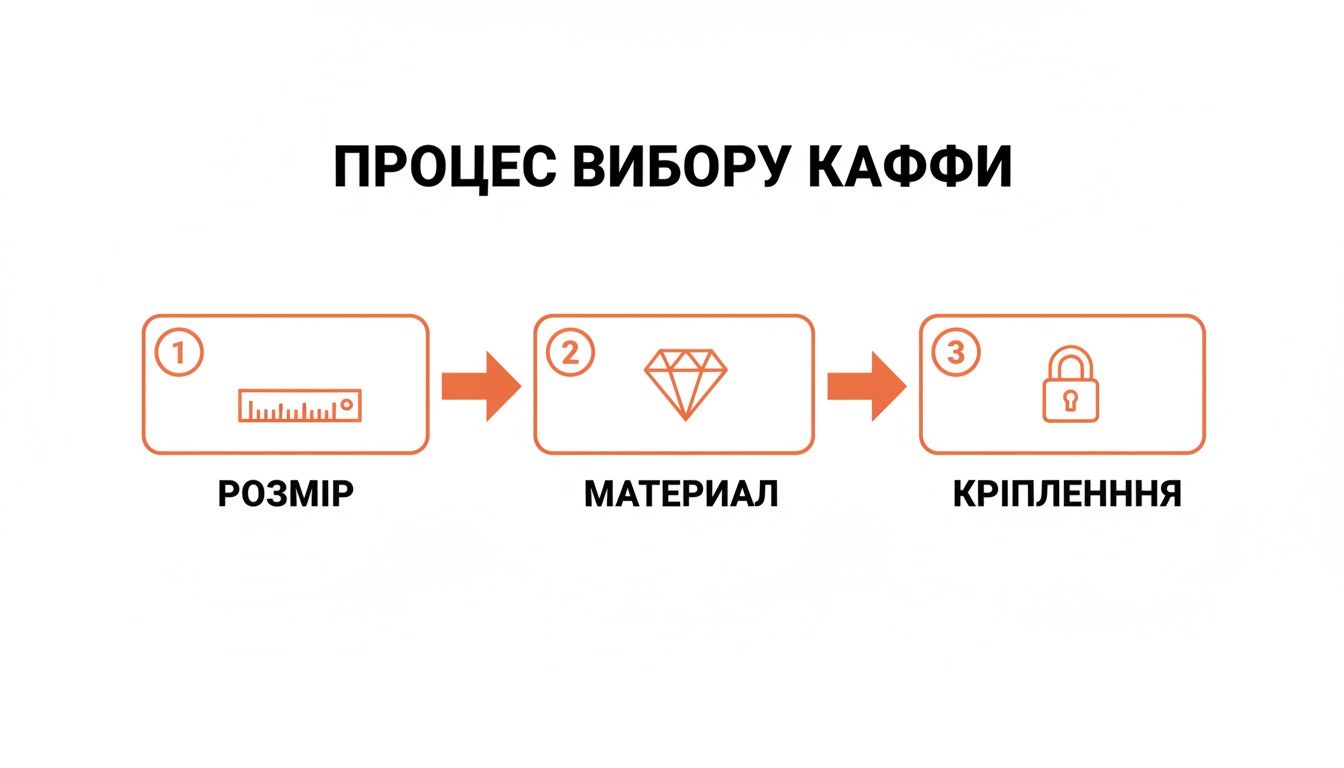 Блок-схема, що ілюструє процес вибору каффи: розмір, матеріал та кріплення.