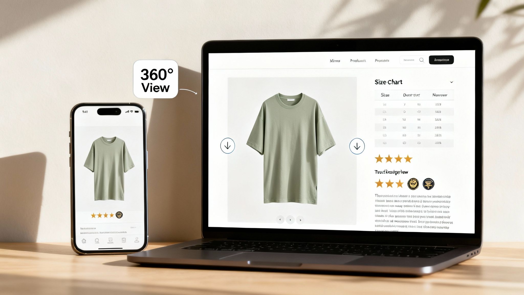 Smartphone and laptop showcasing a green t-shirt product page with 360-degree view and size chart.