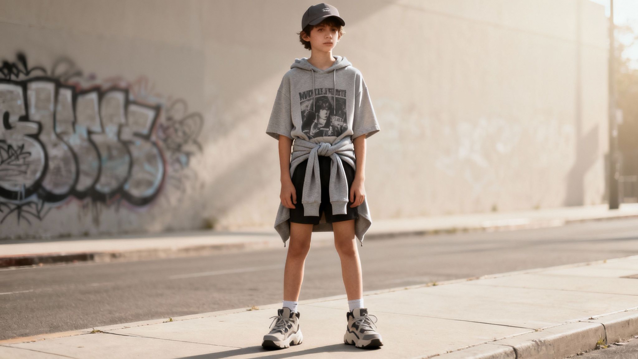 A young boy in a grey hoodie, black shorts, and cap stands on a city sidewalk with graffiti.