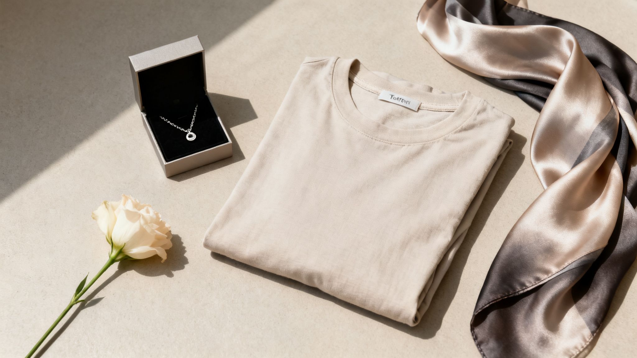 Flat lay of a beige t-shirt, silver necklace in a gift box, rose, and silk scarf.