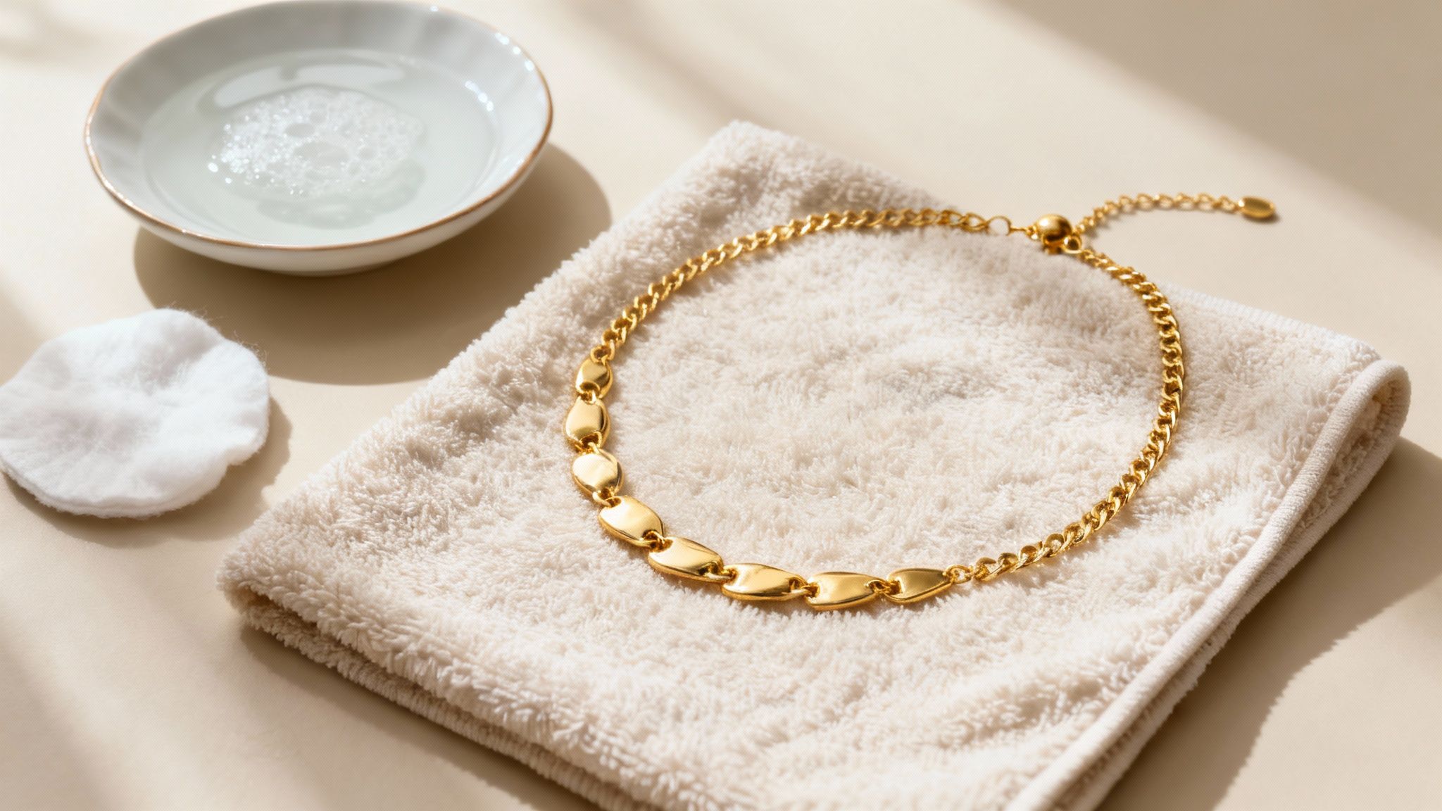 A gold necklace on a soft beige towel, next to a bowl of soapy water and a cotton pad, ready for cleaning.