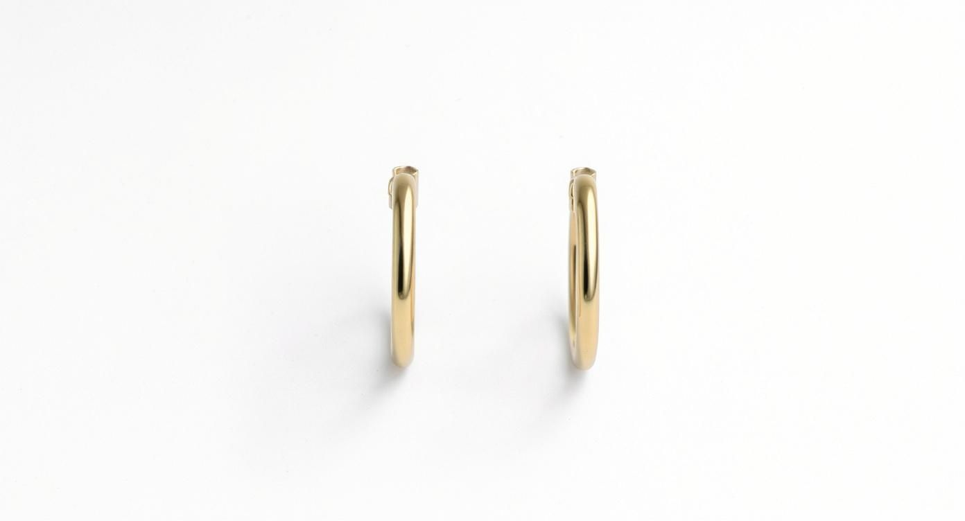 Пара простих, полірованих золотих сережок-кілець на чистому білому фоні.