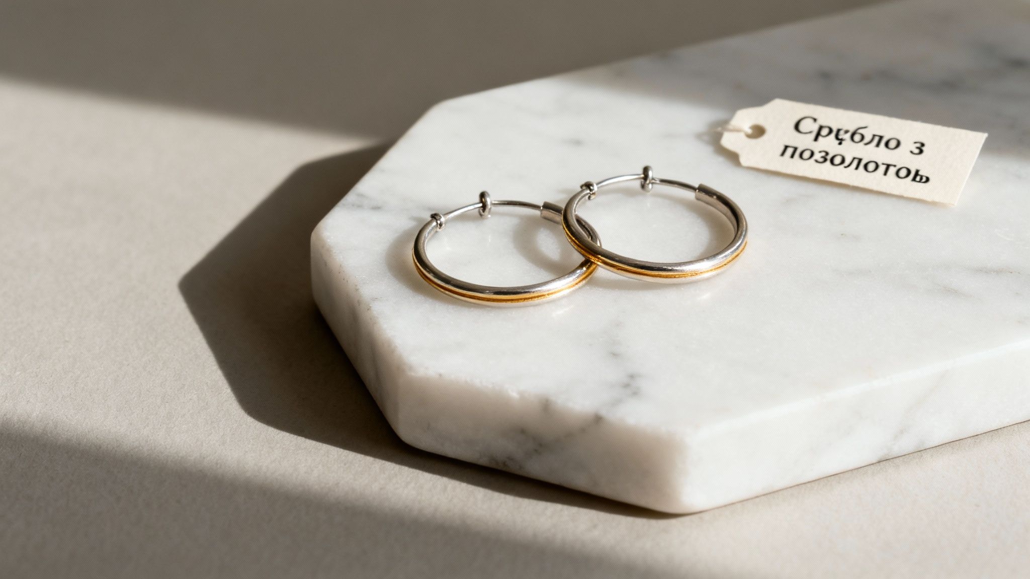 Дві срібні сережки-кільця з золотими смужками лежать на білій мармуровій підставці поруч із биркою «Срібло з позолотою».
