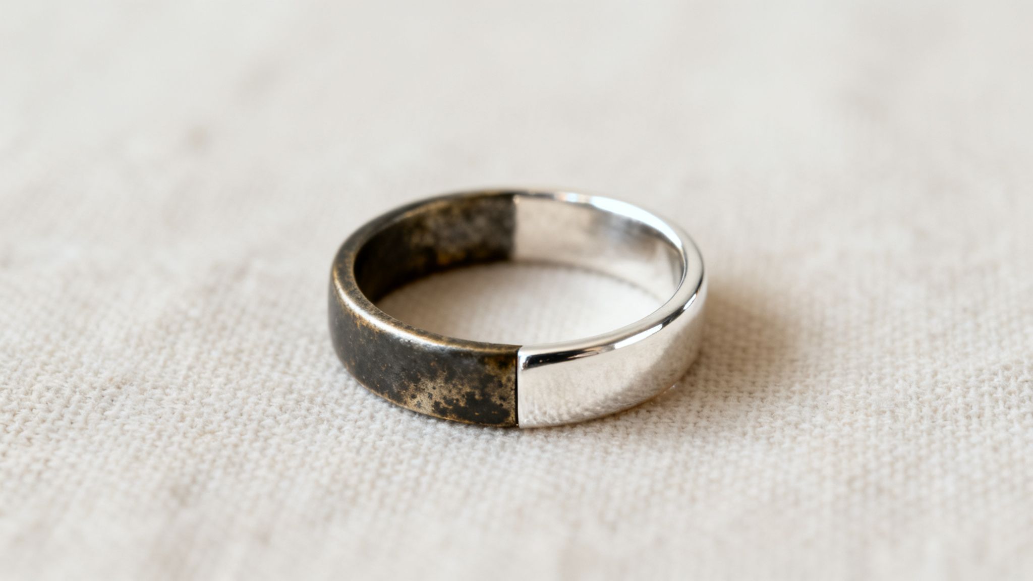 A sterling silver ring, half tarnished black and half polished shiny, on a white textured surface.