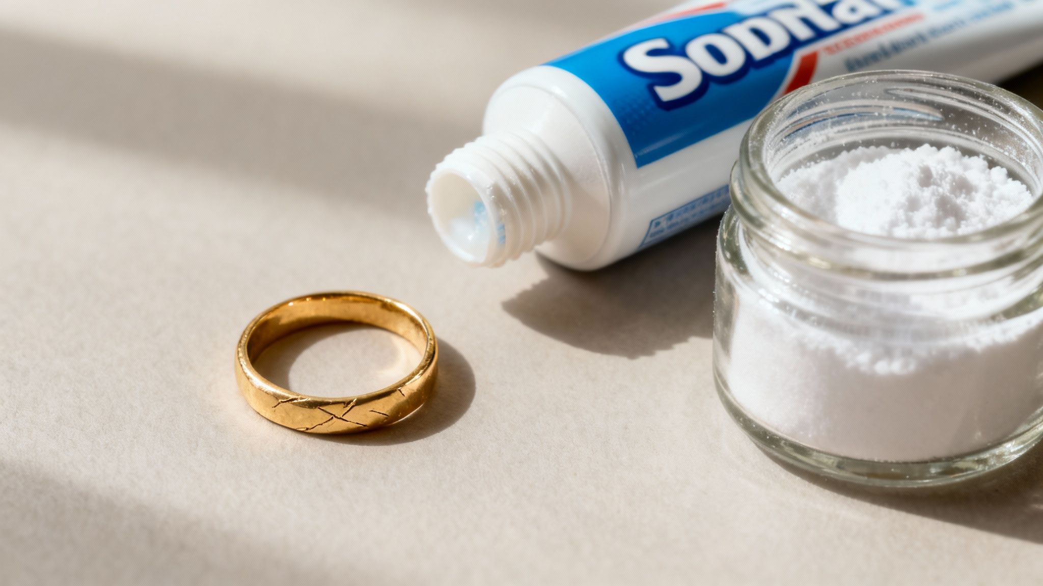 Close-up of a gold ring next to a toothpaste tube and a jar of white powder, likely baking soda.
