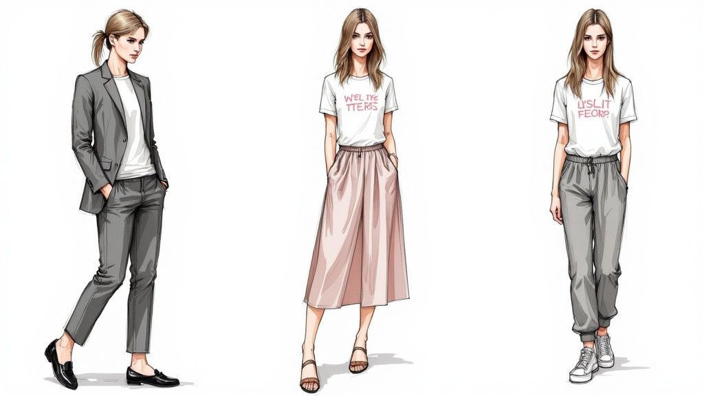 Три стильні образи з жіночими футболками з принтами у поєднанні з брюками та спідницею