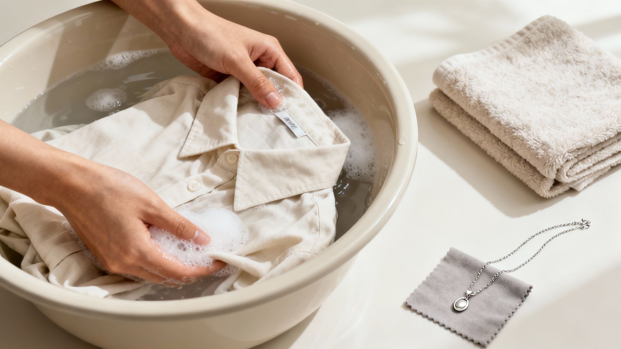 Person's hands gently hand-washing a light-colored shirt in a basin with soapy water.
