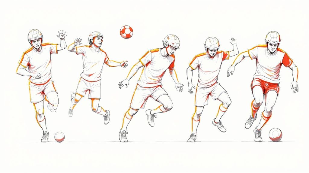 П'ять футболістів у білих футболках та шортах грають у футбол із м'ячем на полі