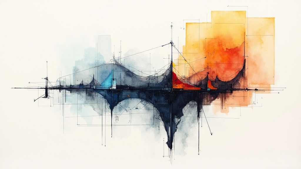 Абстрактна акварель міста з архітектурними елементами, що поєднує сині та помаранчеві відтінки.