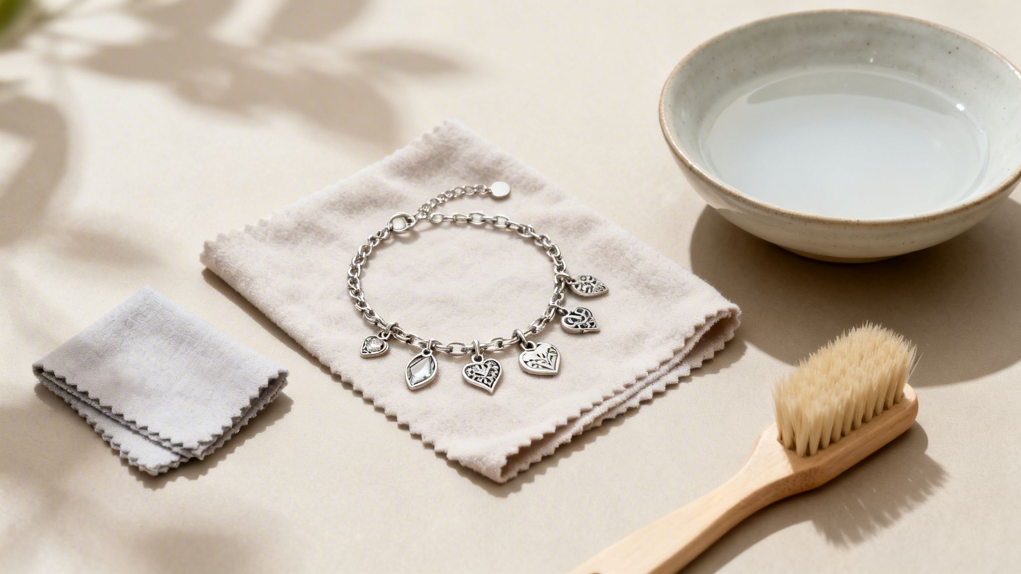 Silver charm bracelet on a cleaning cloth with a bowl of water and brush, ready for care.