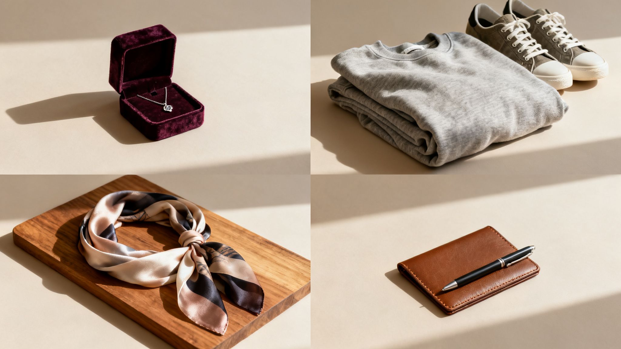 Collage of luxurious gifts: a silver necklace in a velvet box, grey sweaters, canvas sneakers, a silk scarf, and a leather wallet.