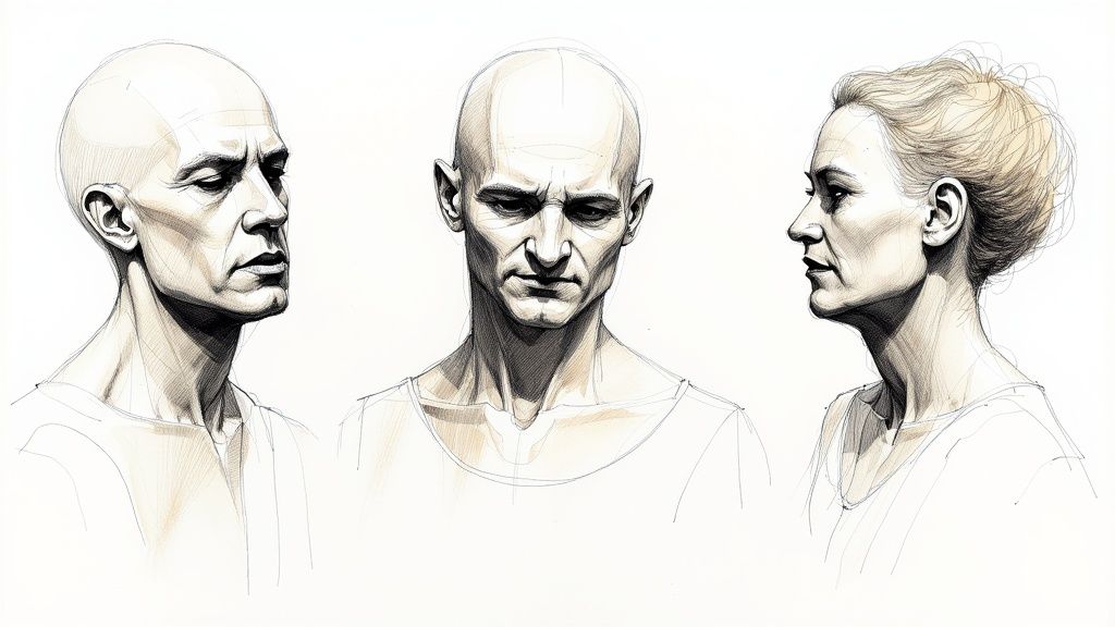 Малюнки трьох голів: двох чоловіків (профіль та анфас) і жінки (профіль), виконані у техніці скетчу.