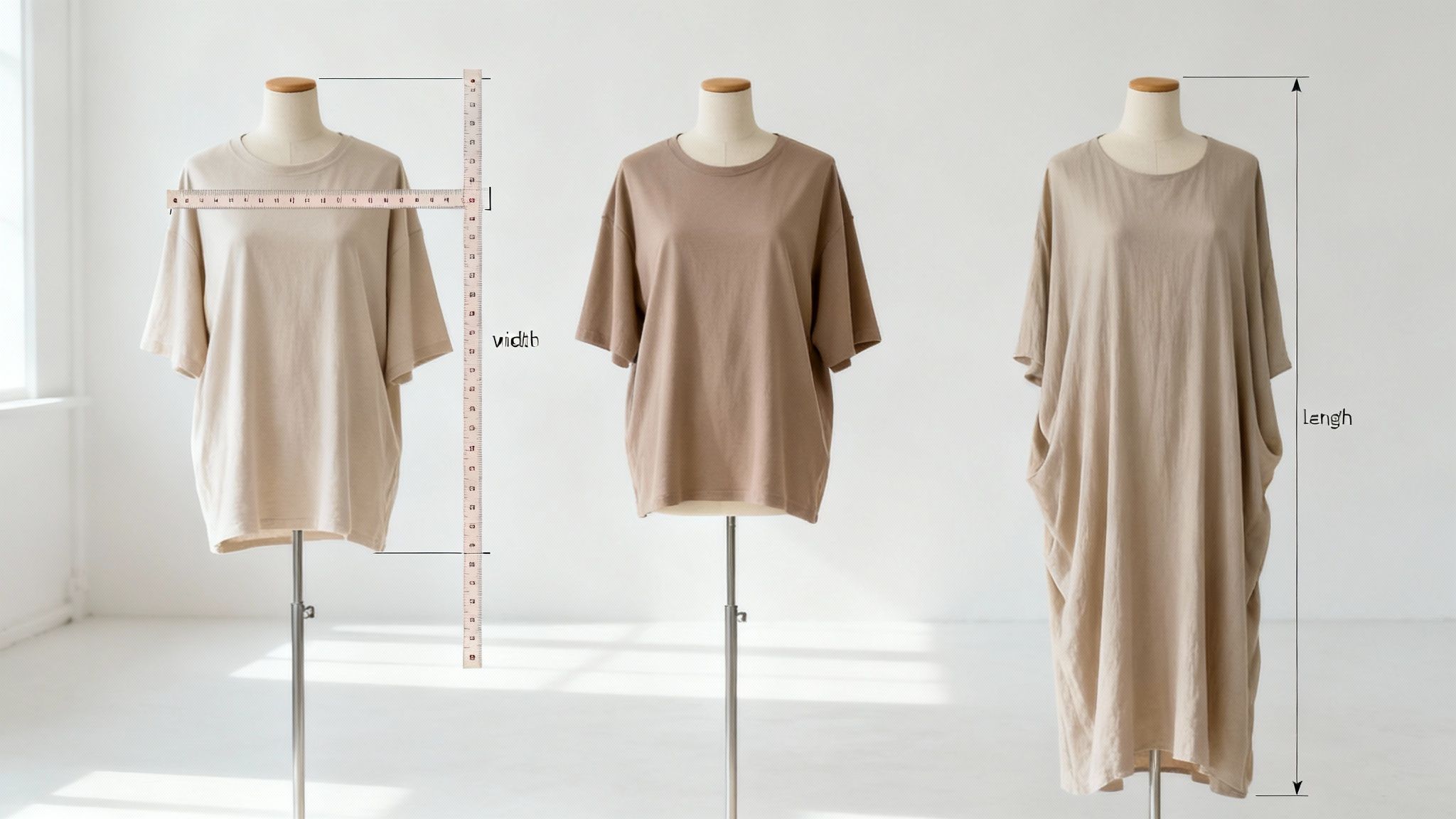 Three mannequins showcase oversized t-shirts and a dress with width and length measurements displayed.