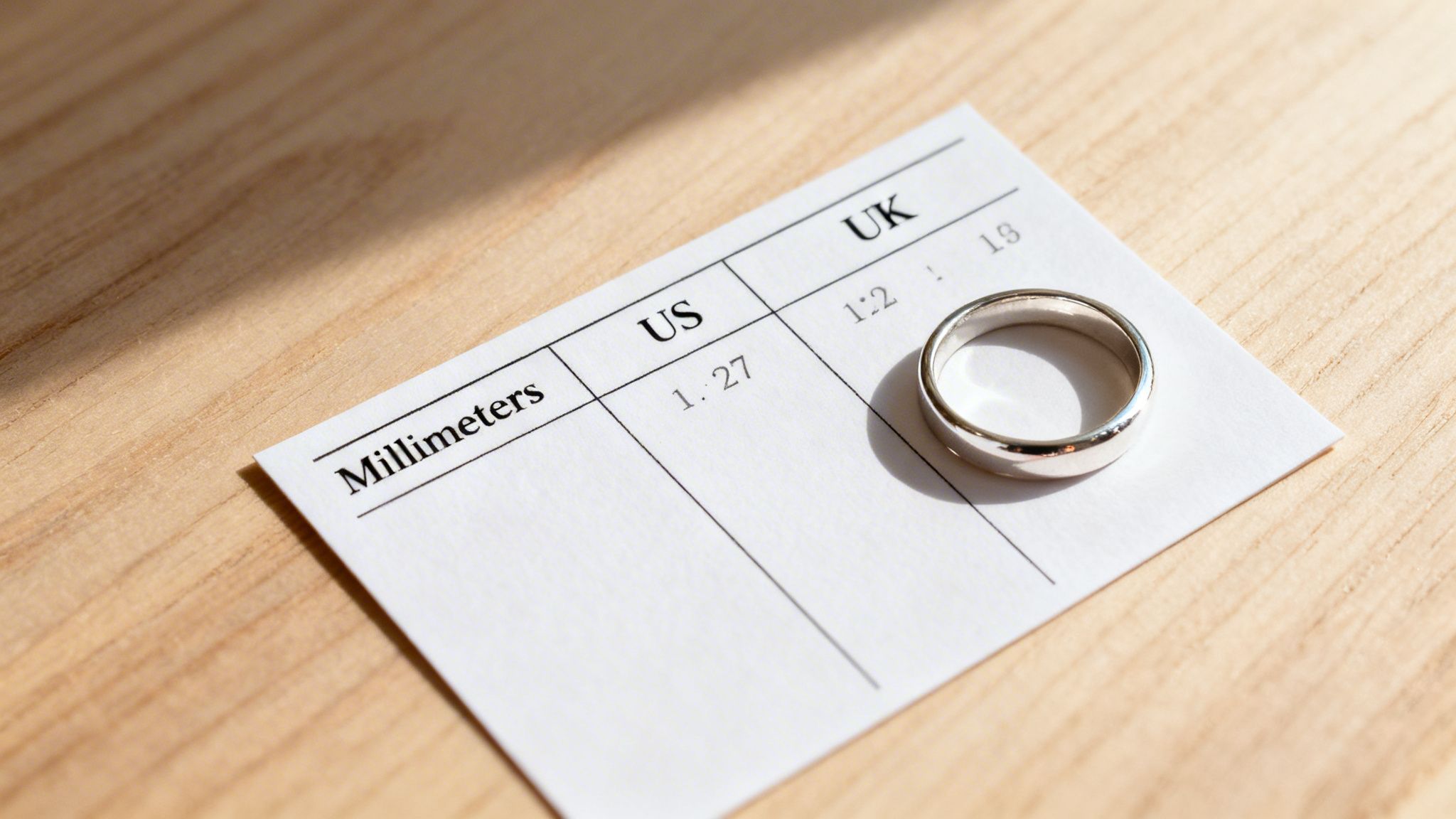 A silver ring rests on a paper ring size chart displaying millimeter, US, and UK measurements.