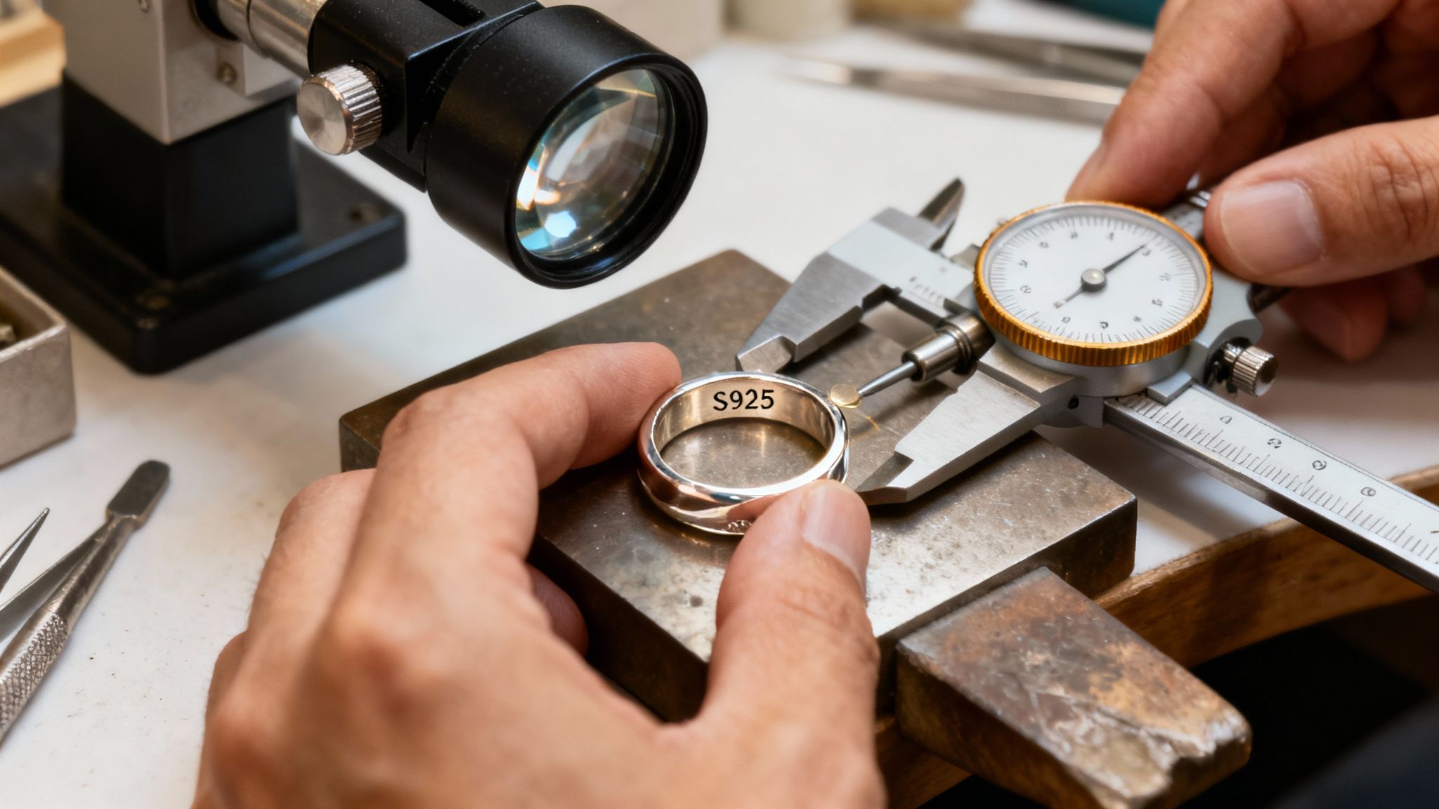 Close-up of a jeweler's hands measuring an S925 sterling silver ring with a caliper.
