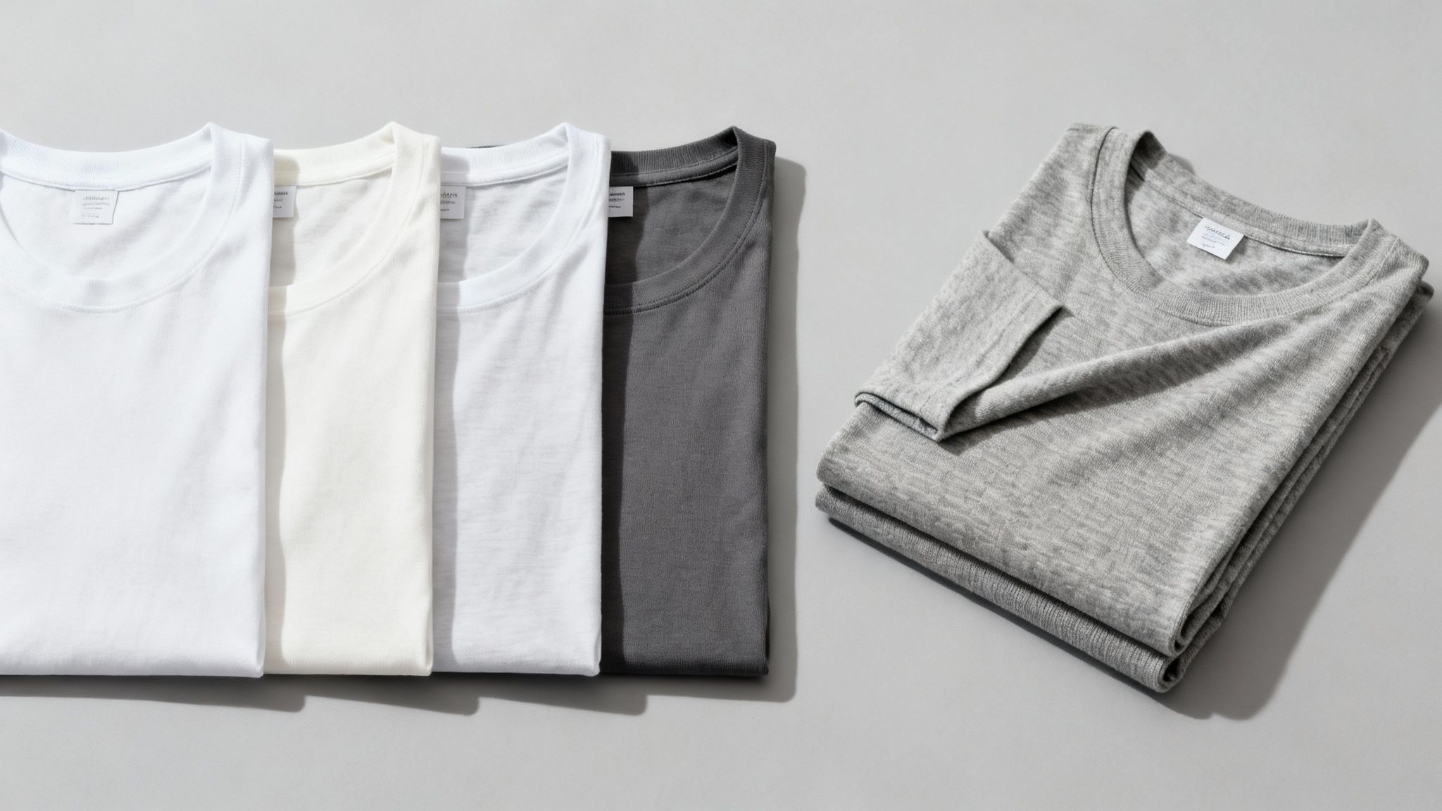 Folded t-shirts in white, cream, and various shades of gray, showcasing fabric textures.