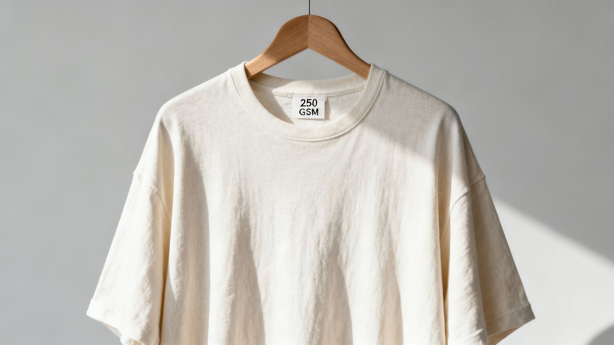 A plain, cream-colored cotton t-shirt with a '250 GSM' label, hanging on a wooden hanger.