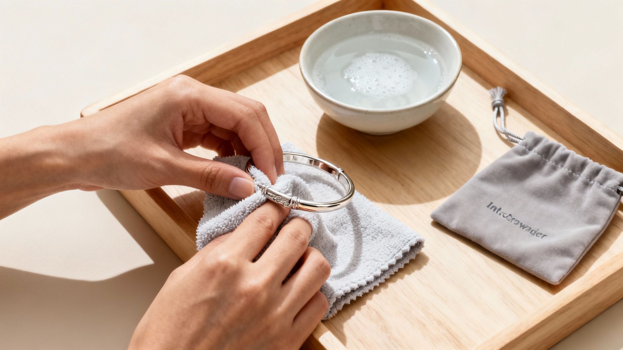 Hands gently cleaning a silver bracelet with a soft cloth on a wooden tray with soapy water and a pouch.