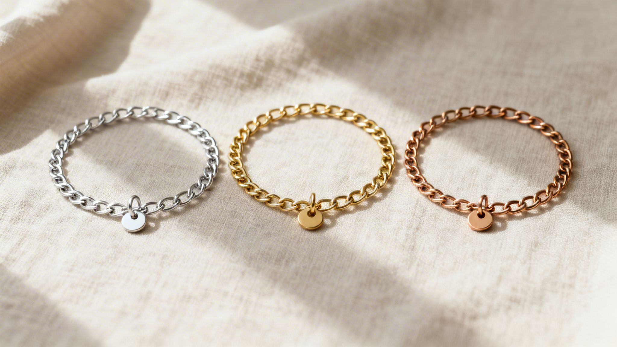 Three metal chain bracelets in silver, gold, and rose gold, each with a small round charm, displayed on a light fabric.