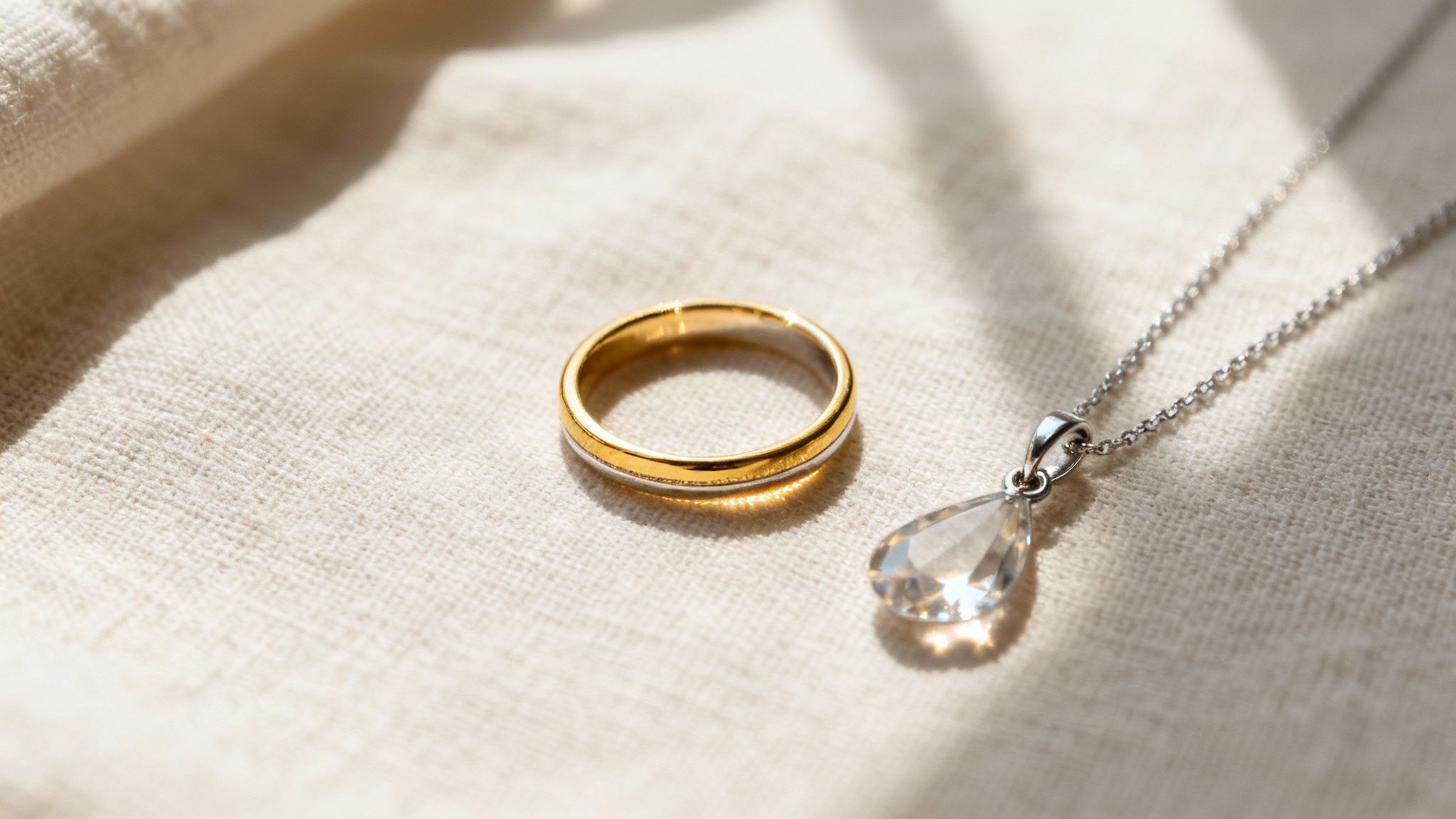 A two-tone gold and silver ring next to a silver necklace with a clear teardrop pendant on textured fabric.