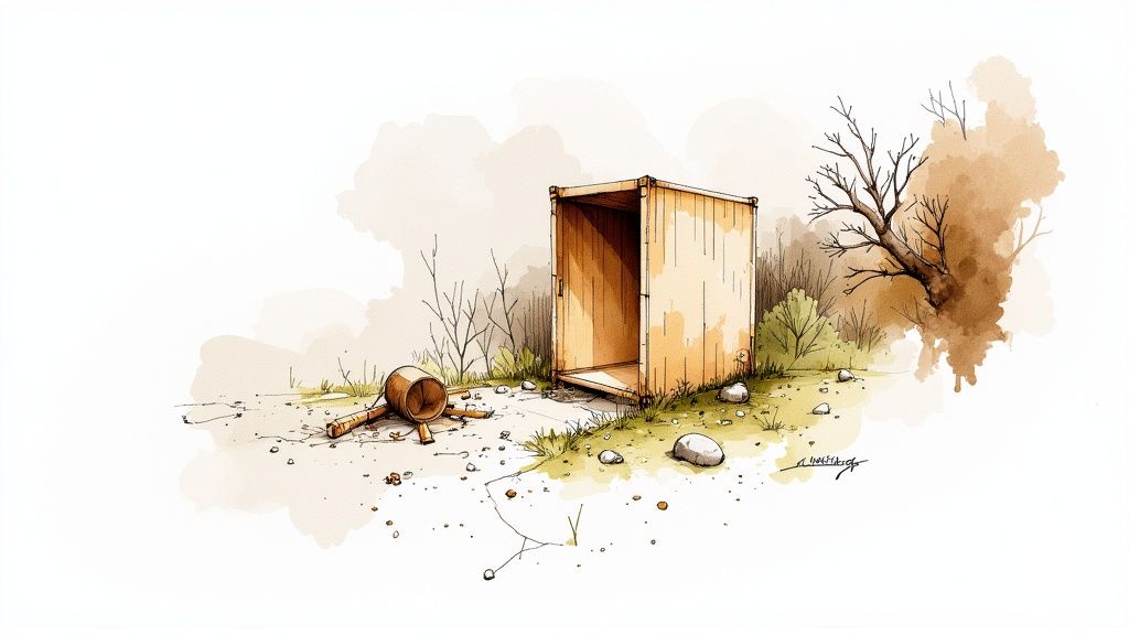 Акварельний нарис: дерев'яна споруда, перекинуте відро, каміння та сухі кущі в природному ландшафті.