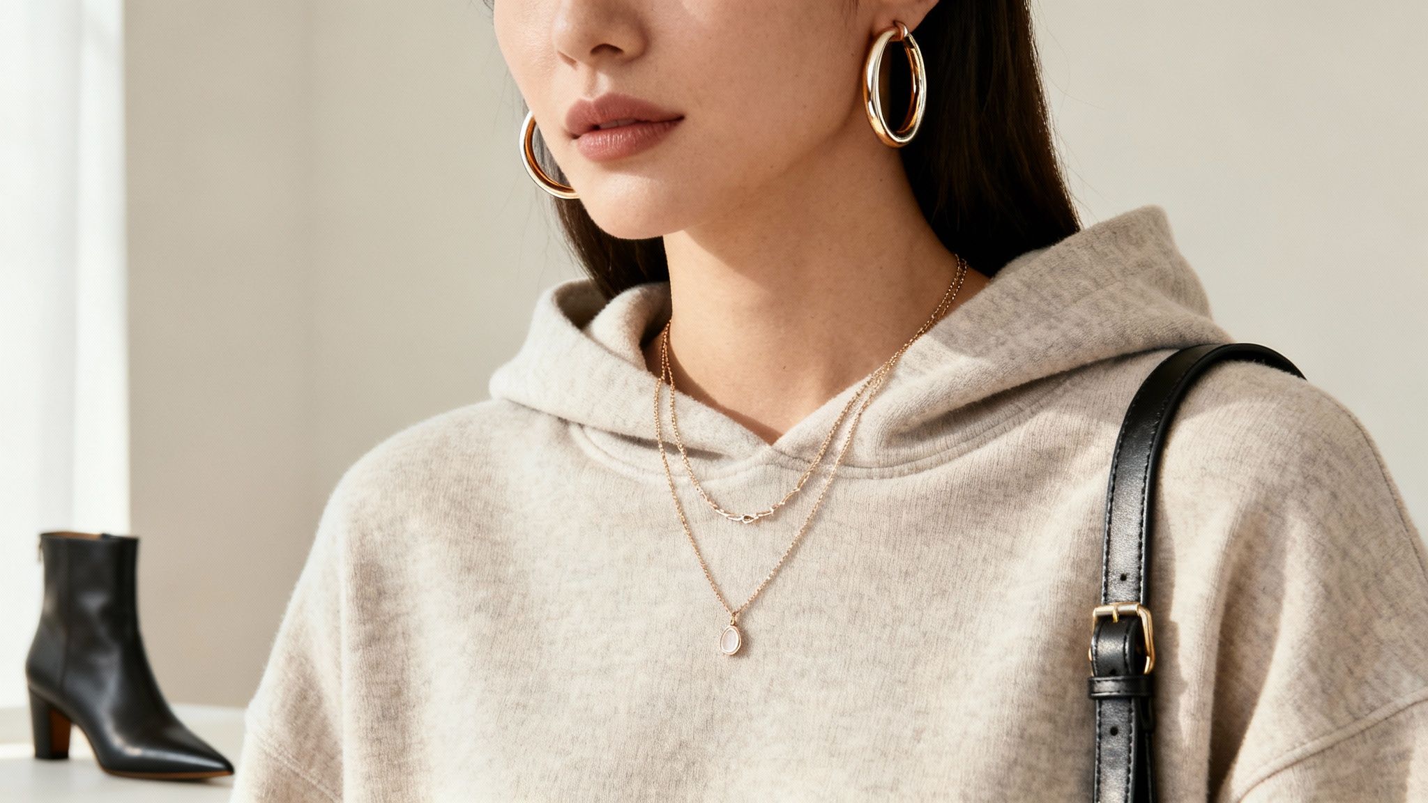 Stylish woman in a beige oversized hoodie, gold hoop earrings, and delicate layered necklaces.