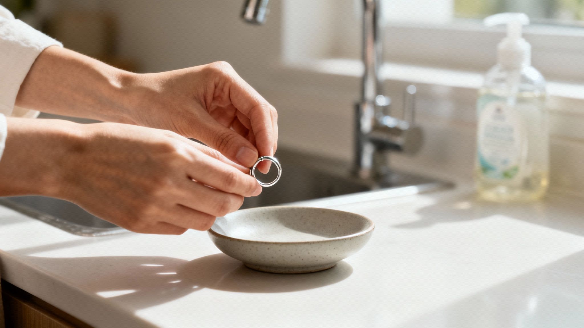 Close-up of hands cleaning a silver ring over a small ceramic bowl in a kitchen sink area.