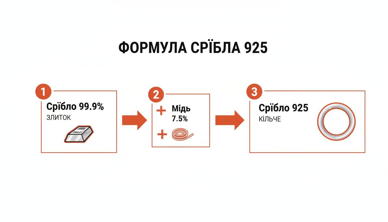 Діаграма, що ілюструє процес створення срібла 925 проби з чистого срібла 99.9% та міді 7.5%.