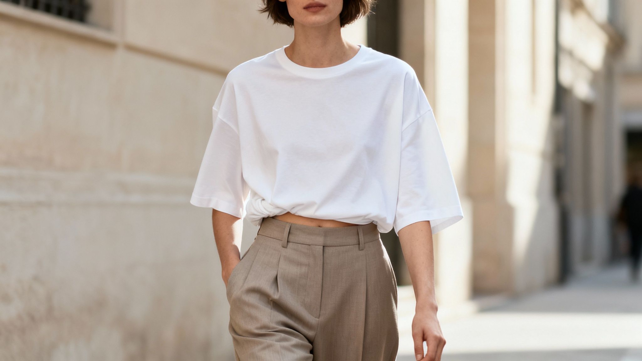 A person wearing a white oversized t-shirt and light brown pleated trousers walking outdoors.