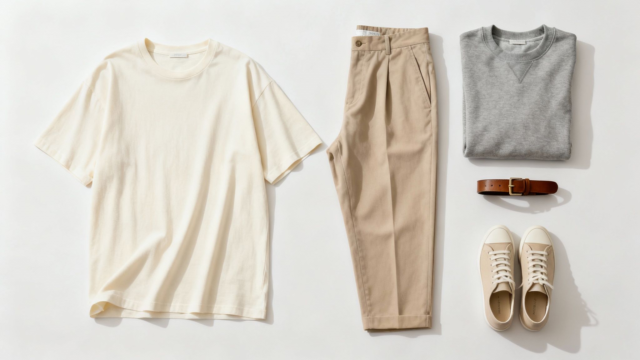 Stylish men's casual outfit flat lay: cream t-shirt, beige pants, grey sweatshirt, belt, and sneakers.