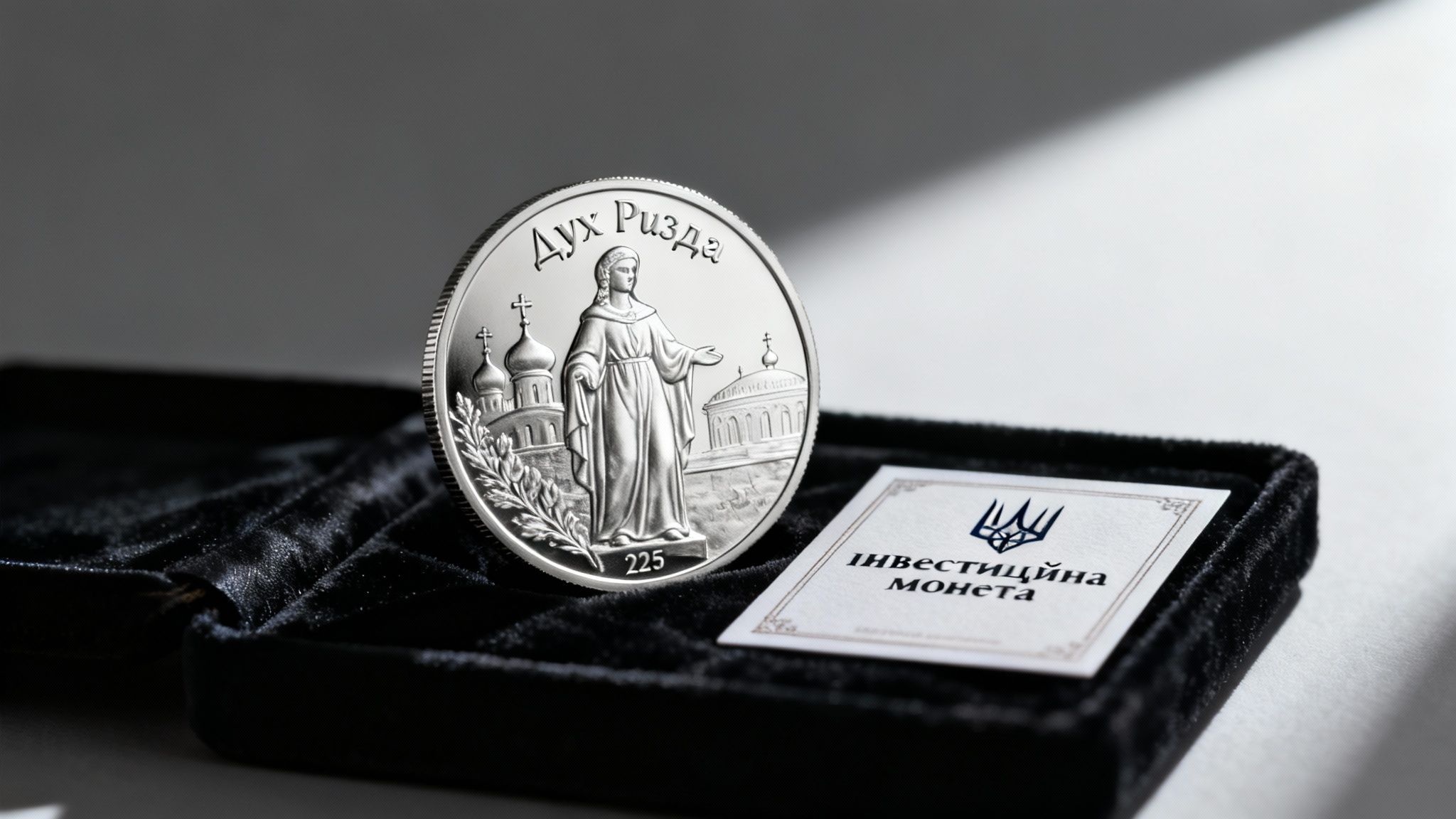 Срібна інвестиційна монета в оксамитовій скриньці з карткою. Зображення релігійного мотиву та український текст.