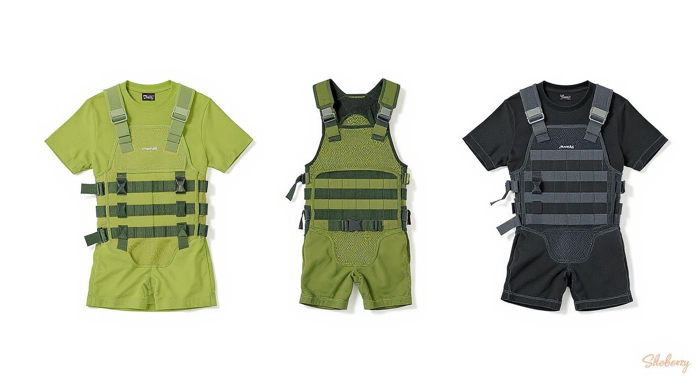 Три спортивні тактичні жилети з кишенями на футболках та шортах зеленого та чорного кольорів