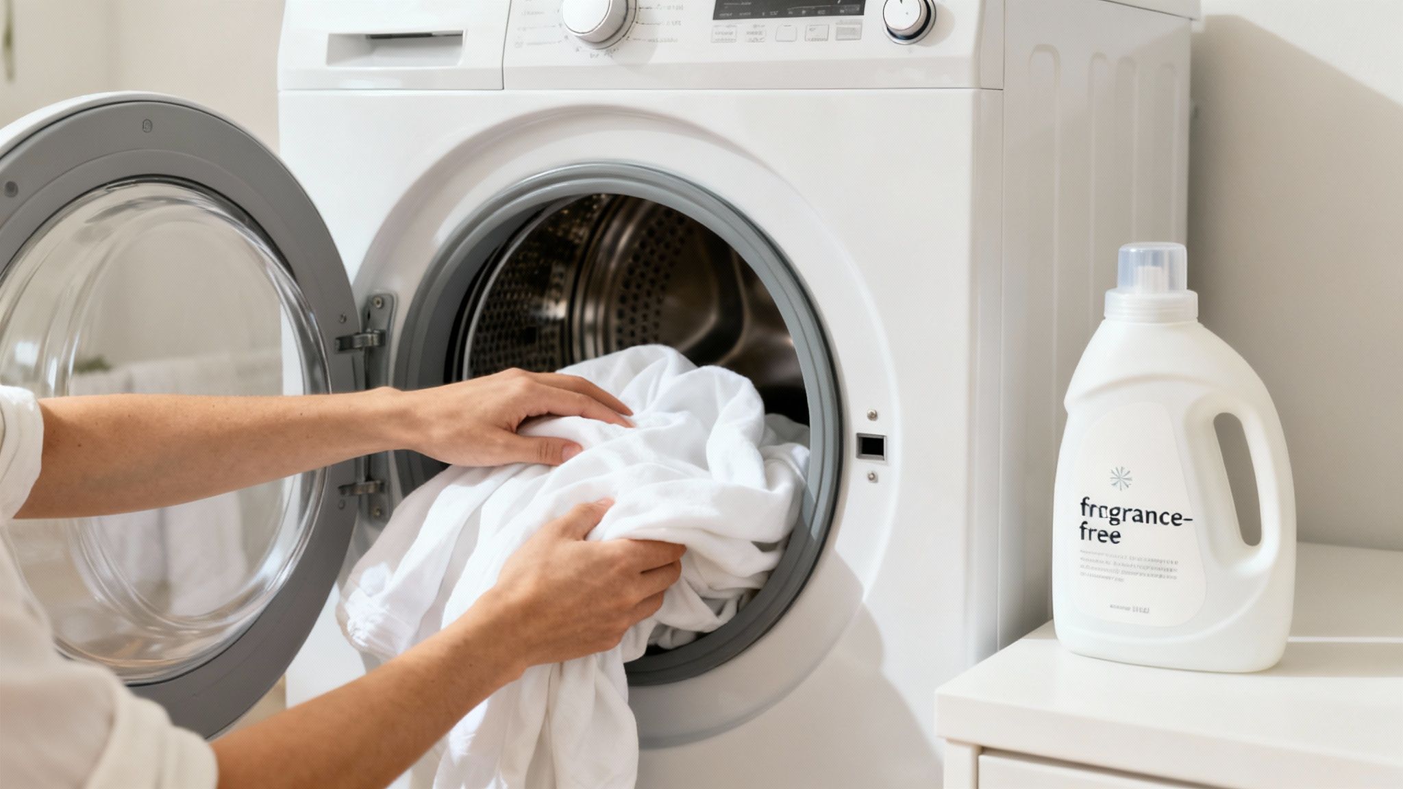 A person loads white laundry into a front-loading washing machine with a fragrance-free detergent bottle nearby.