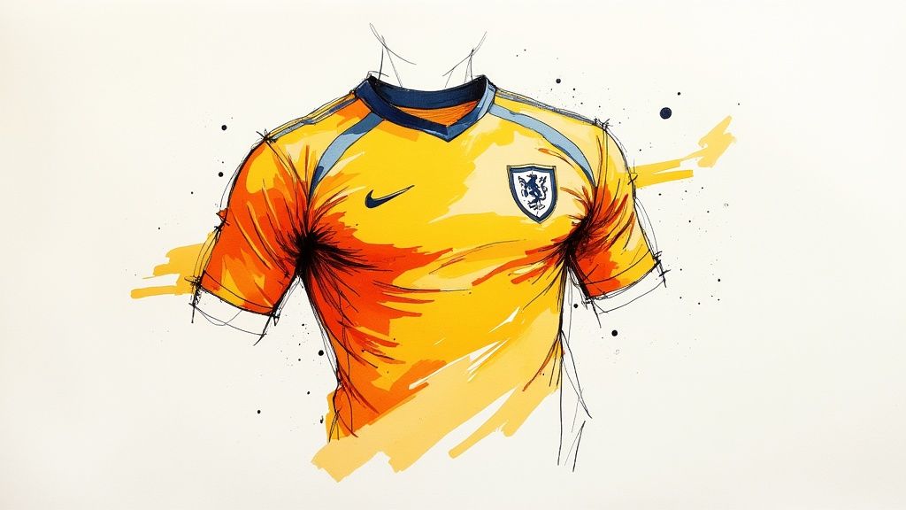 Яскравий жовто-помаранчевий спортивний футбольний джерсі з логотипом Nike та гербом на грудях