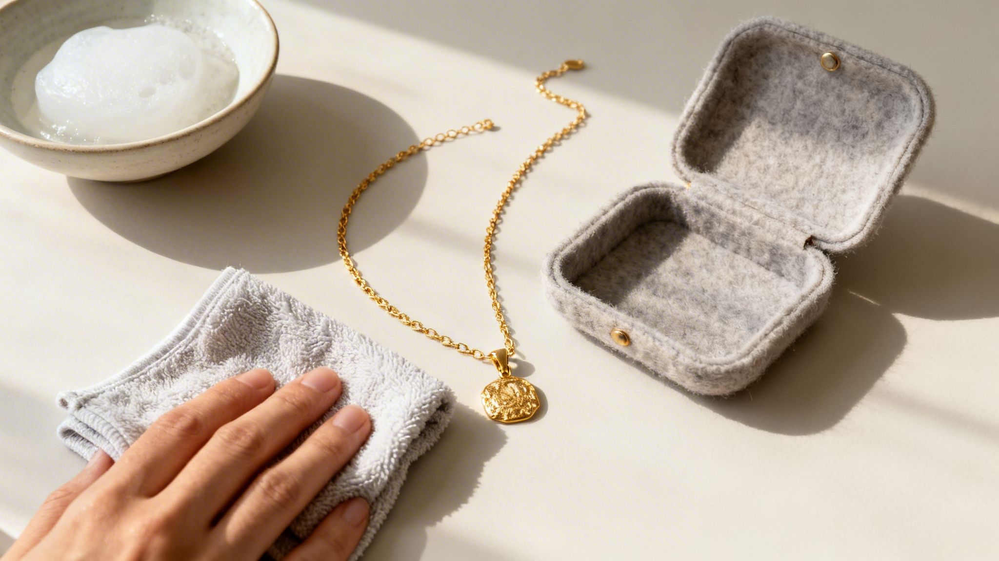 A hand cleans a gold necklace with a cloth next to soapy water and an open felt jewelry box.