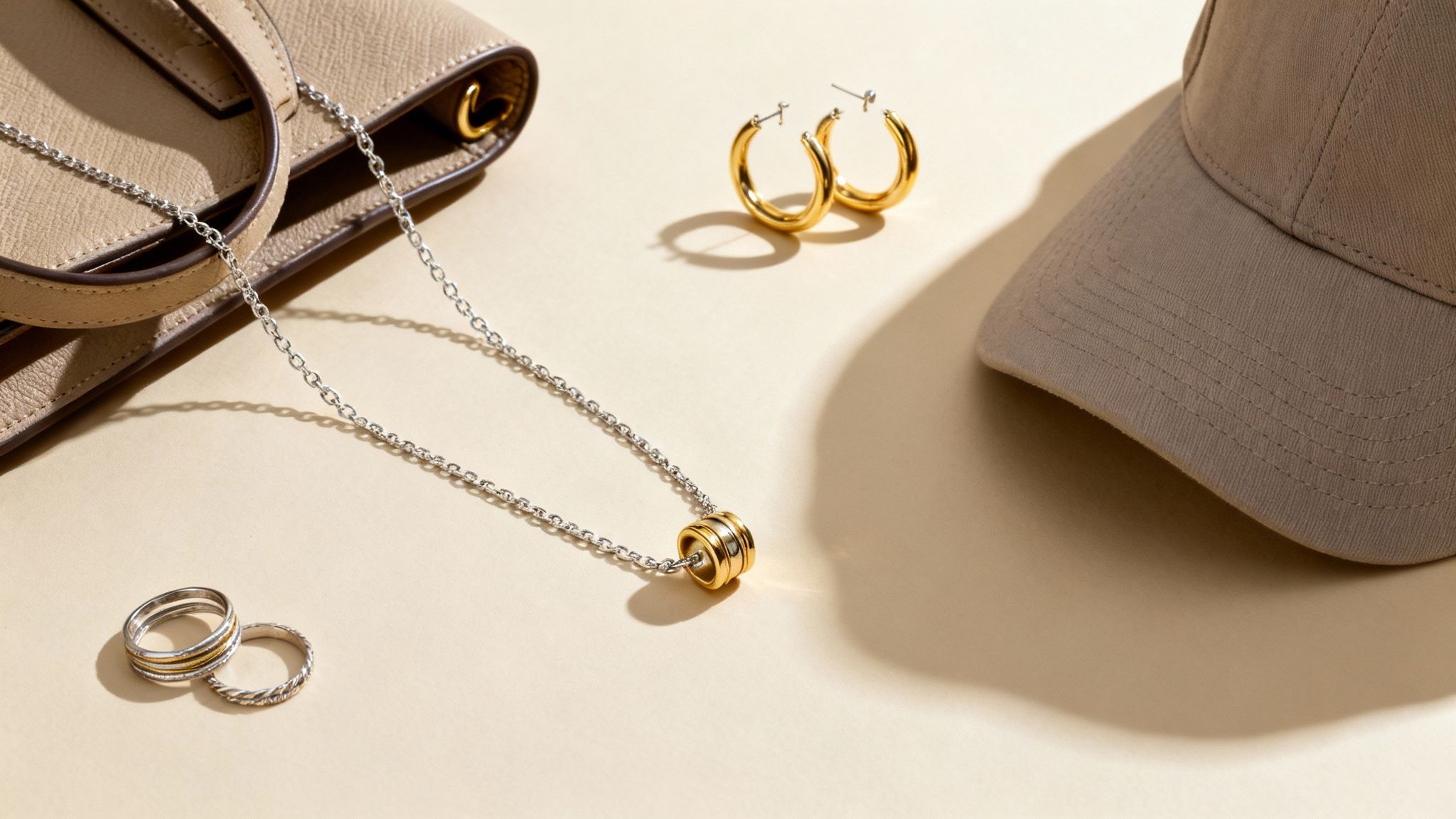 A flat lay of minimalist wardrobe essentials: a beige bag, gold hoop earrings, a silver necklace, rings, and a baseball cap.