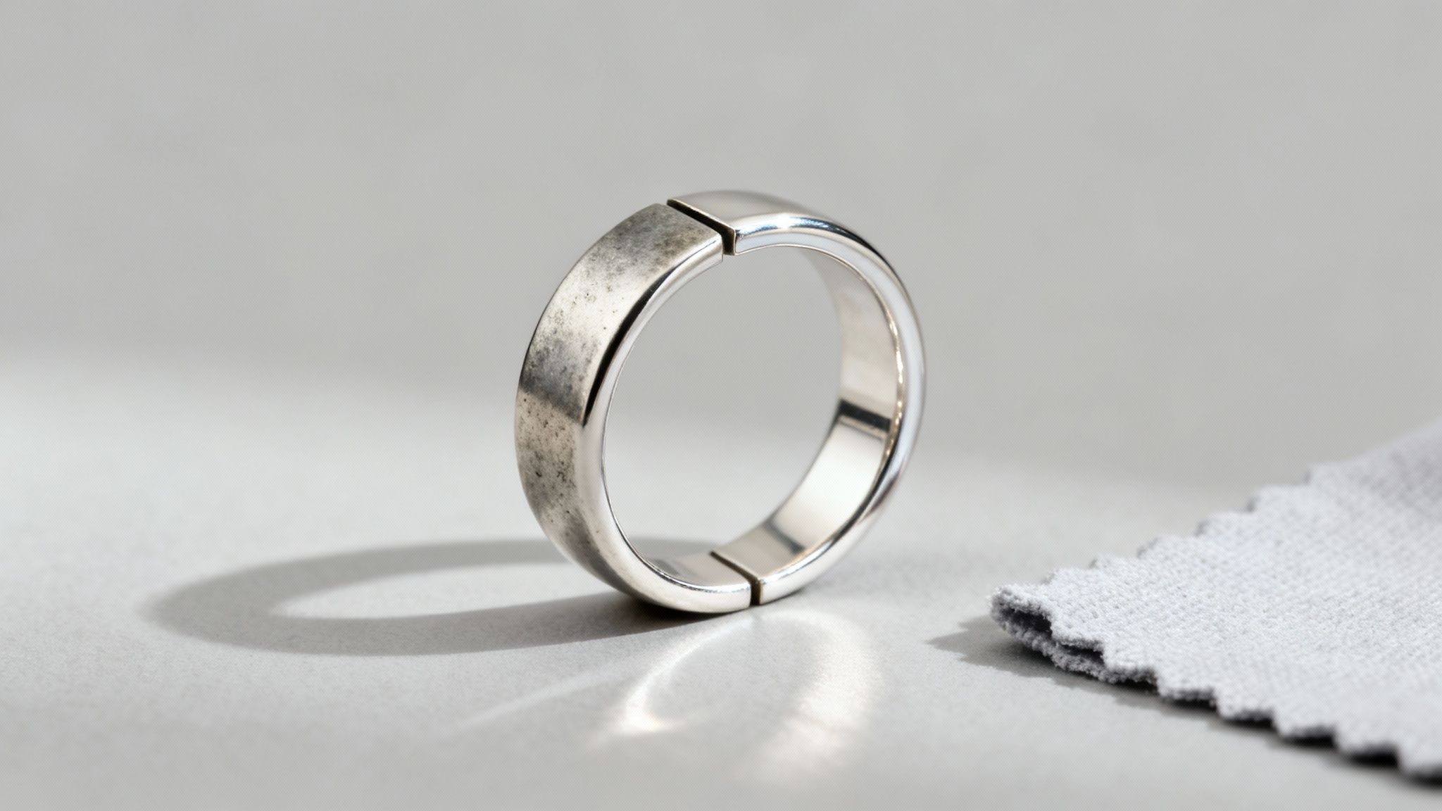 A partially tarnished silver ring with a unique design sits next to a gray cleaning cloth.