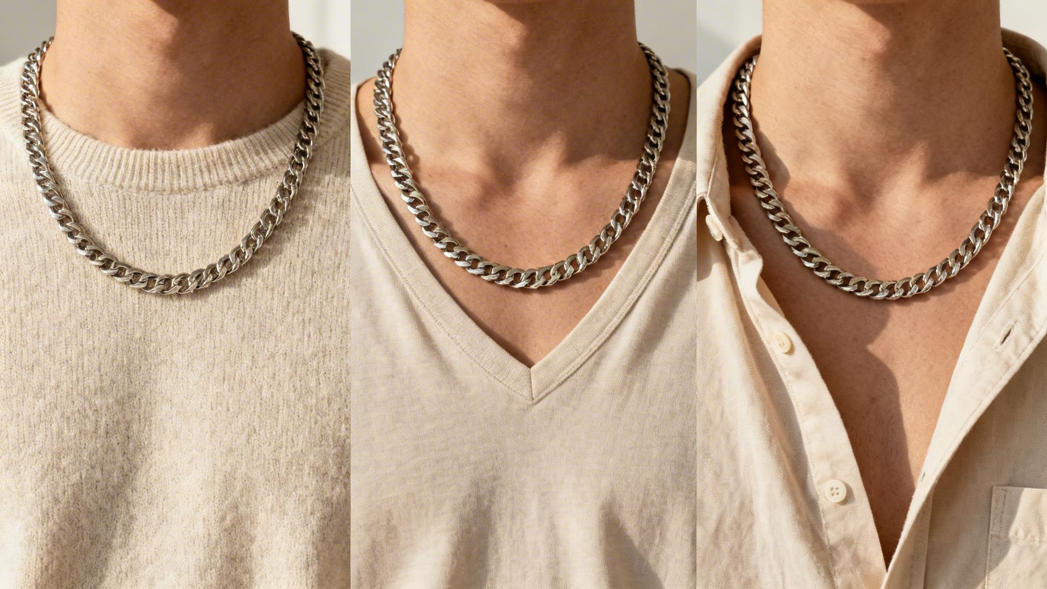 A person wears a silver curb chain necklace with three different neutral-toned shirts.