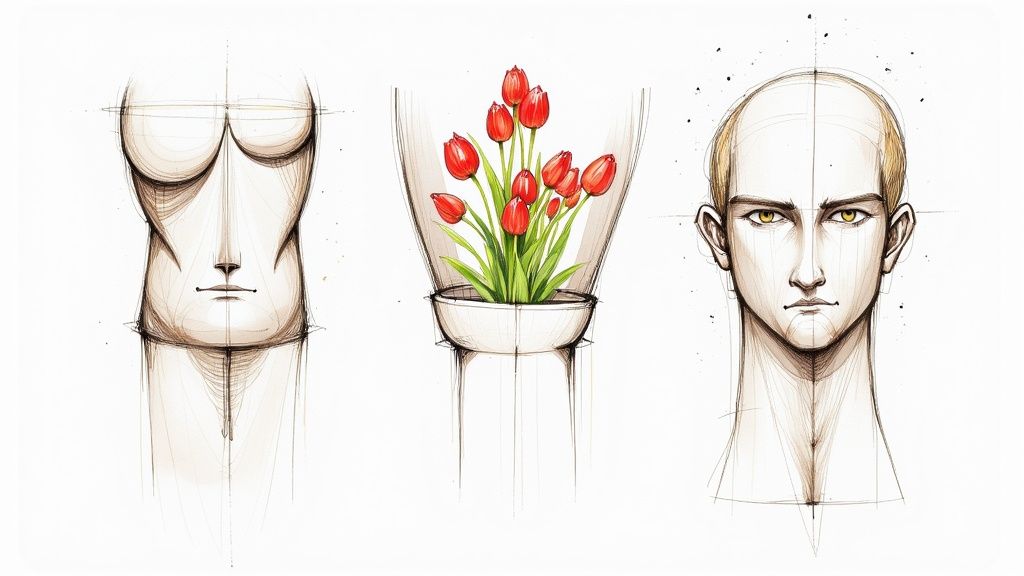 Три художні нариси: стилізований торс, букет тюльпанів у вазі та чоловіче обличчя з золотими очима.