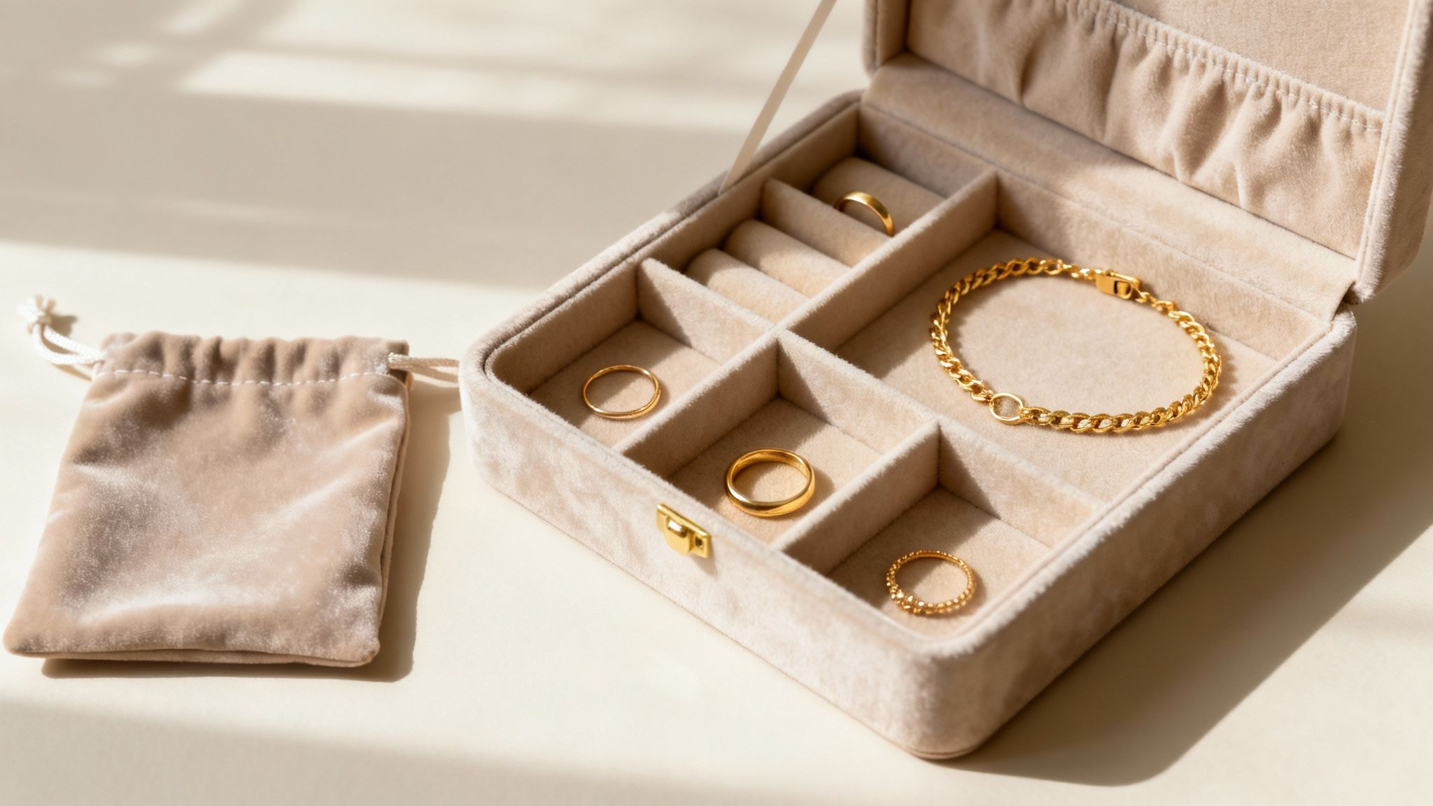 An open beige velvet jewelry box displaying gold rings and a chain bracelet, next to a matching pouch.